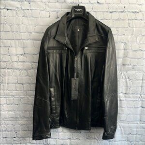 CURGÈ Men's Black Leather Zip Up Jacket Made in‎ Italy size large NWT #6